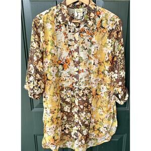 Fig & Flower Anthropologie Sheer Floral Tunic w/ Hi Lo Hem Sz S Hippie Retro